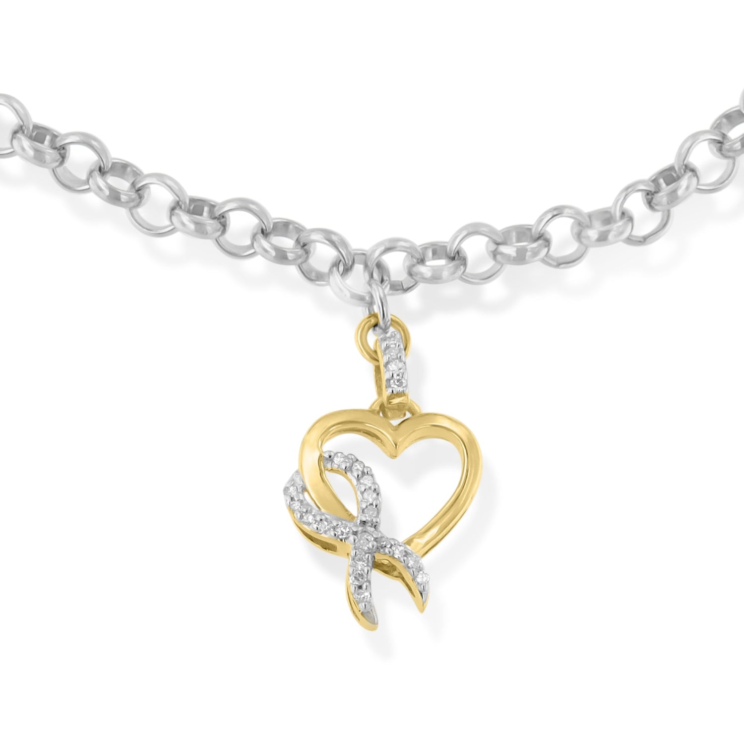 10K Yellow Gold 1/10 Cttw Diamond Awareness Ribbon &amp; Heart Charm on 7" .925 Sterling Silver Rolo Bracelet (H-I Color, I1-I2 Clarity) by Bids.com