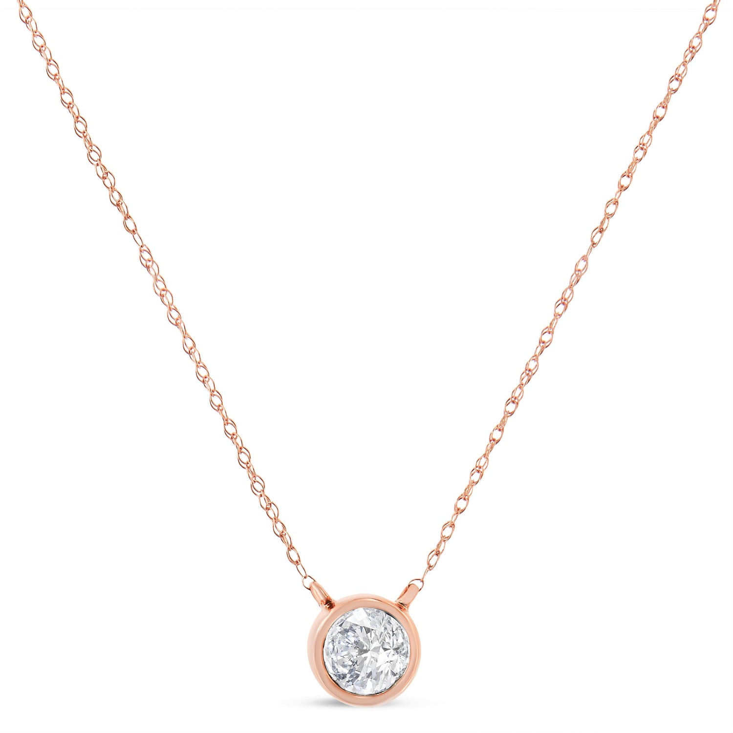 AGS Certified 10K Rose Gold 1/5 Cttw Bezel Set Round Diamond Solitaire 16-18" Adjustable Pendant Necklace (H-I Color, VS1-VS2 Clarity) by Bids.com