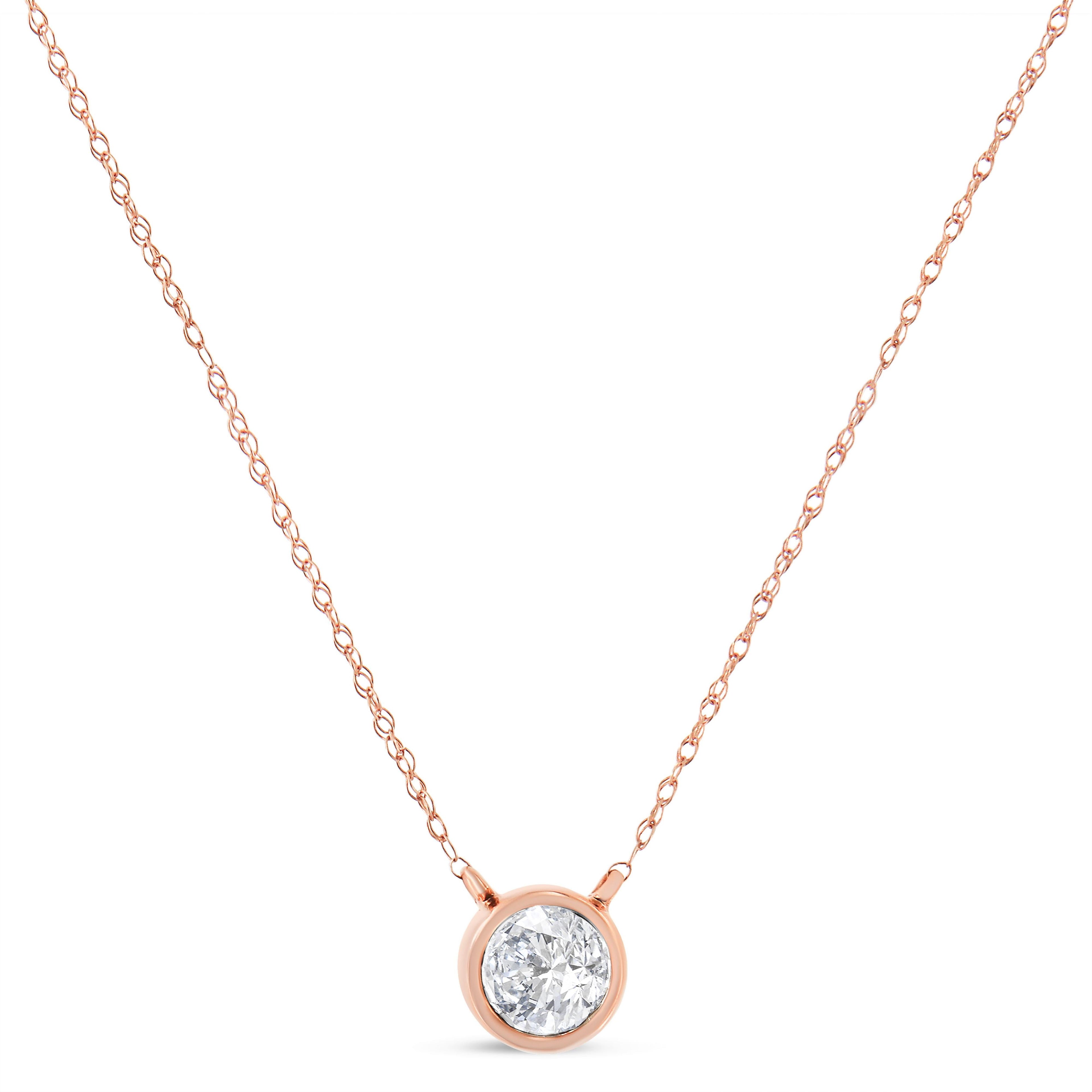 AGS Certified 10K Rose Gold 1/5 Cttw Bezel Set Round Diamond Solitaire 16-18" Adjustable Pendant Necklace (H-I Color, VS1-VS2 Clarity) by Bids.com