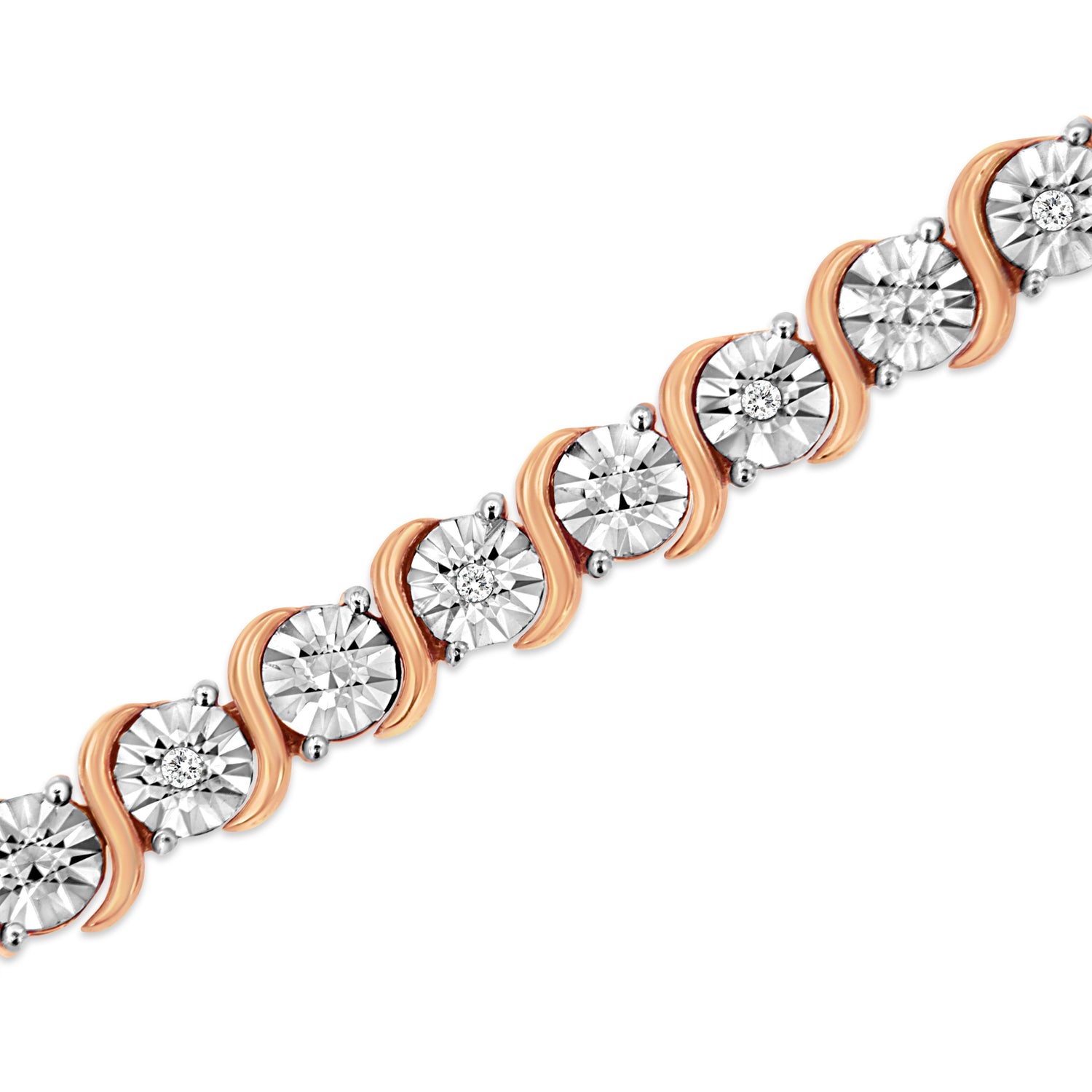 14K Rose Gold Plated .925 Sterling Silver 1/10 Cttw Diamond Round Miracle Plate and "S" Link Tennis Bracelet (I-J Color, I2- I3 Clarity) - 7" by Bids.com