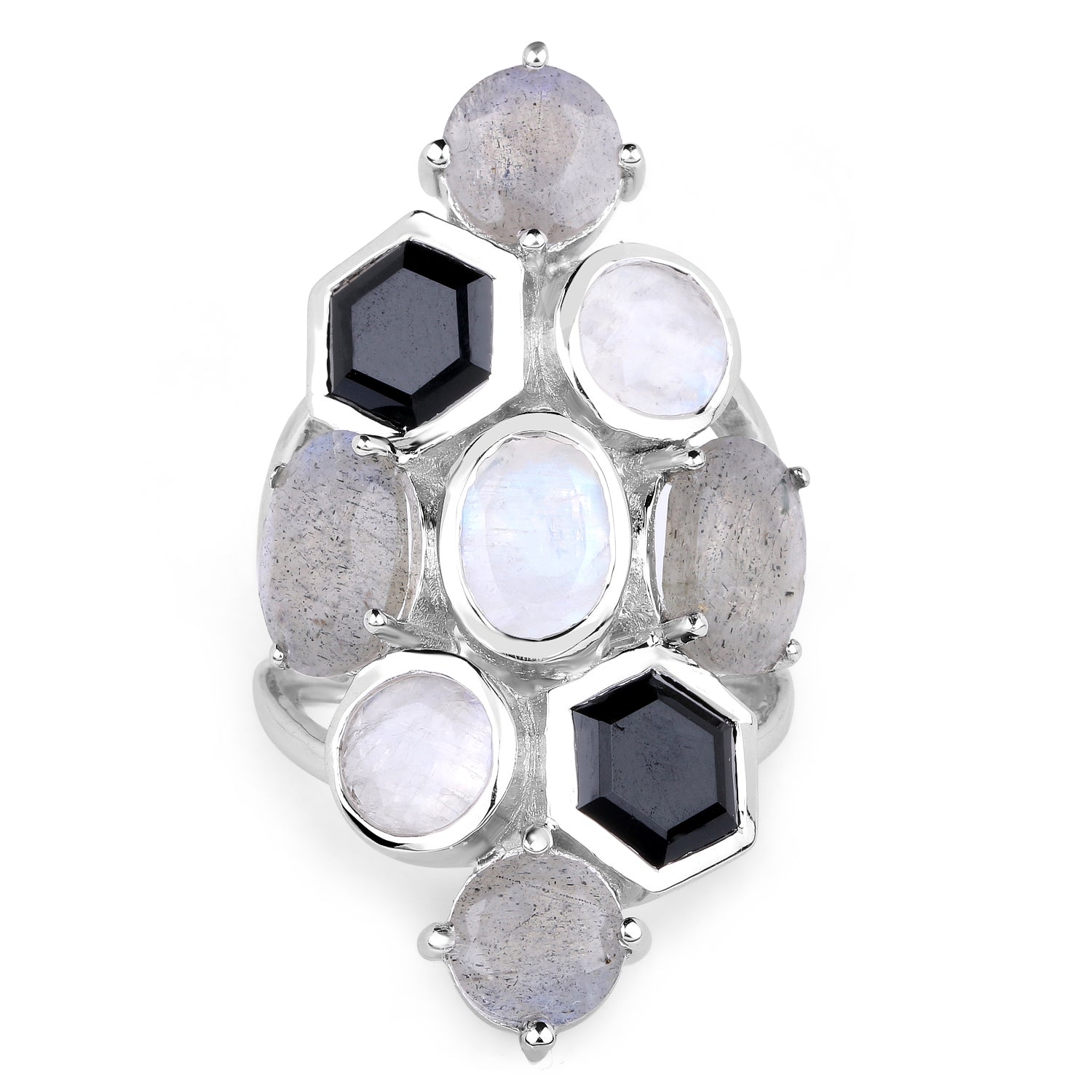 10.30 Carat Genuine White Rainbow Moonstone, Labradorite And Black Onyx .925 Sterling Silver Ring by Bids.com