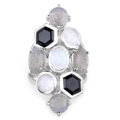 10.30 Carat Genuine White Rainbow Moonstone, Labradorite And Black Onyx .925 Sterling Silver Ring by Bids.com