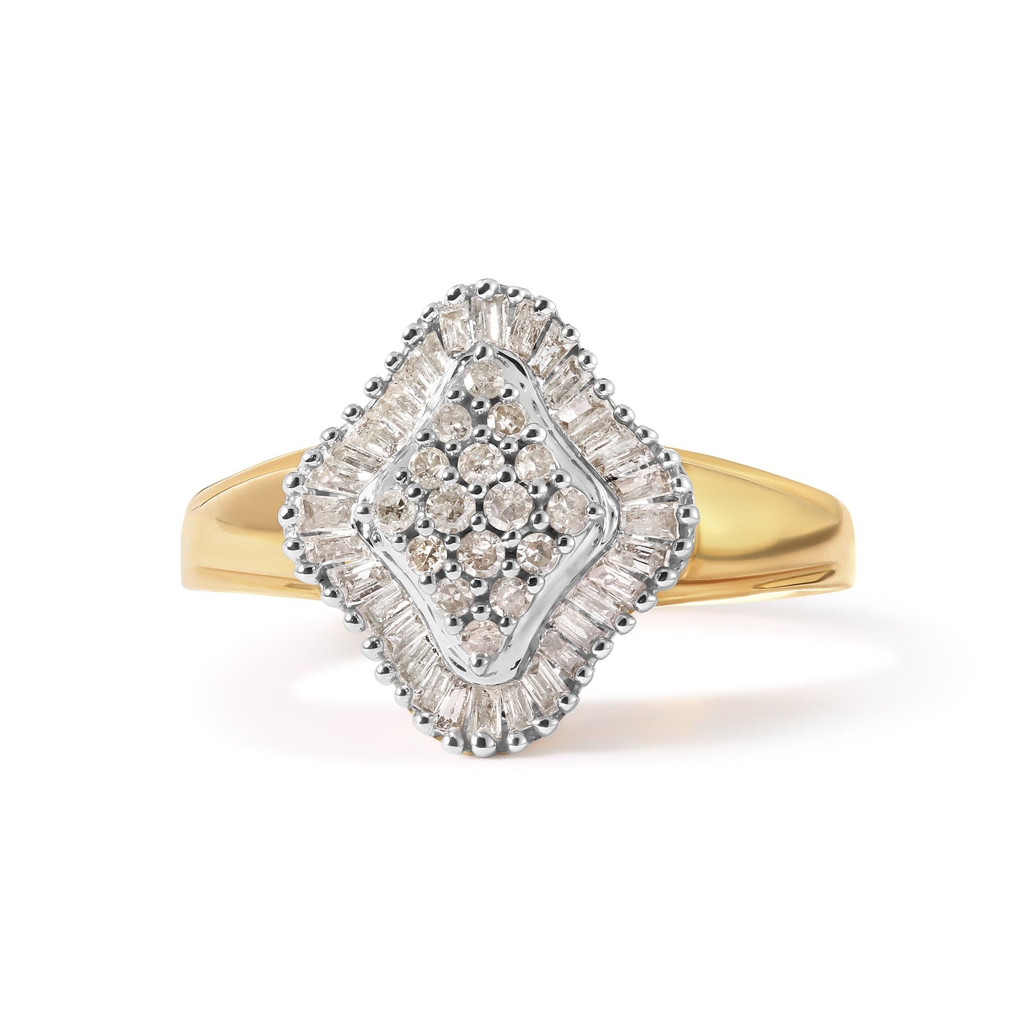 10K Yellow Gold 1/2 Cttw Round And Baguette-cut Diamond Rhombus Head and Halo Ring (I-J Color, I1-I2 Clarity) - Ring Size 7 by Bids.com