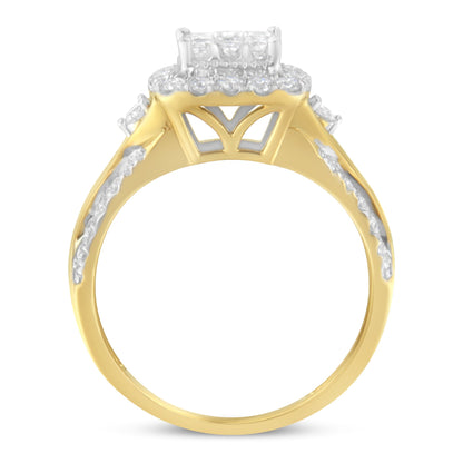 10K Yellow Gold 1.0 Cttw Diamond Composite Cushion-Shape Halo 3-Band-Look Engagement Ring (H-I Color, SI1-SI2 Clarity) - Size 6-1/4 by Bids.com