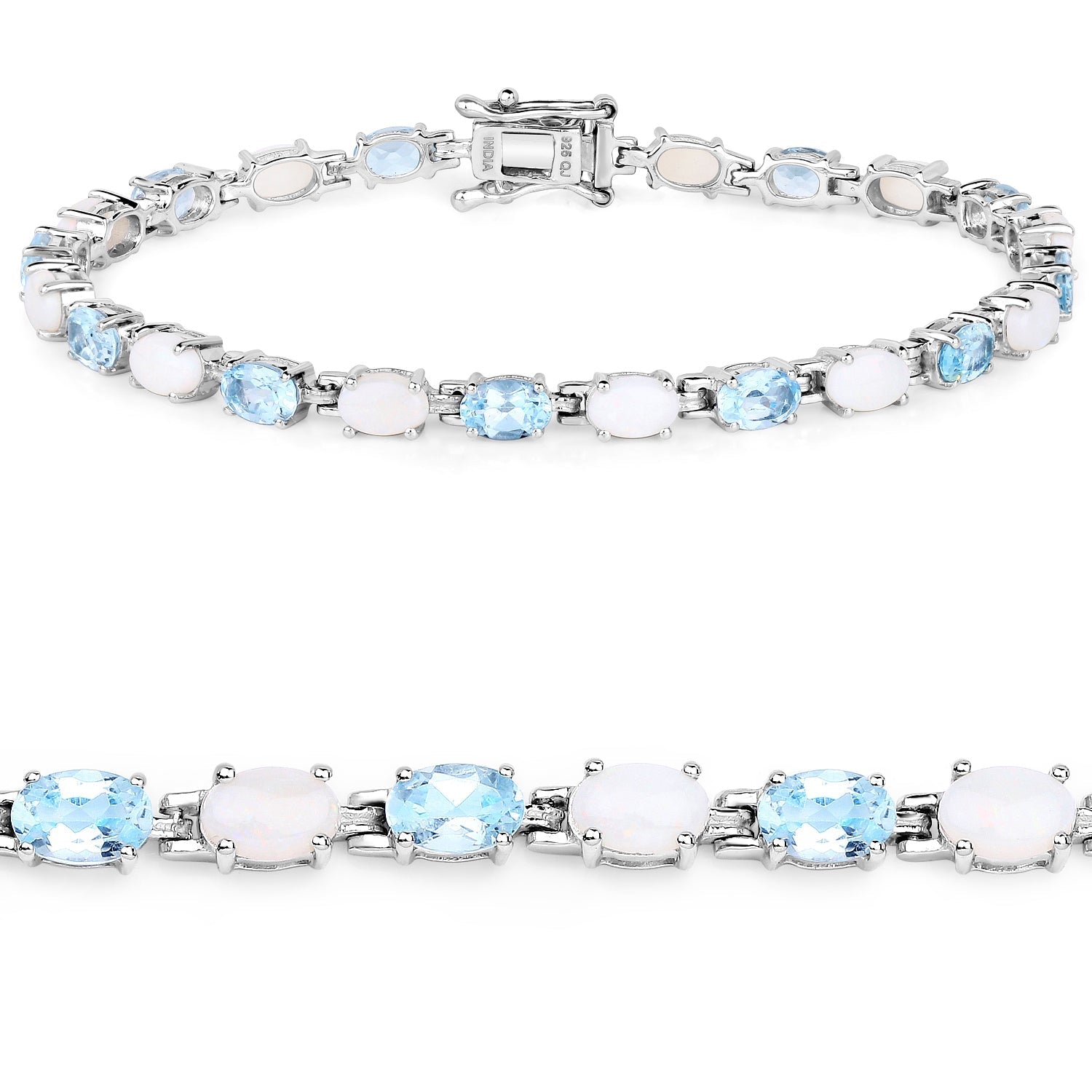 9.02 Carat Genuine Blue Topaz and Opal .925 Sterling Silver Bracelet  DestGlow