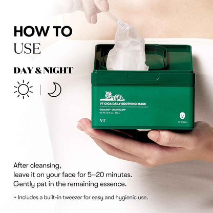 CICA Daily Soothing Mask 30 Sheets, Centella Asiatica &amp; Hyaluronic Acid for Moisturizing &amp; Hydrating, Instant Calm &amp; Glow, Skin Softening Facial Mask, Korean Face Mask