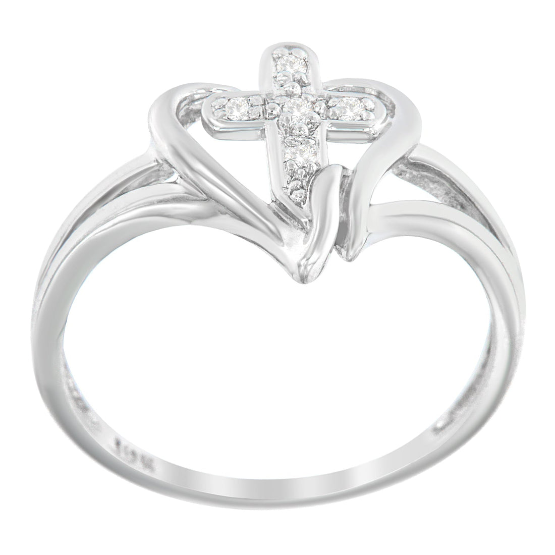 10K White Gold Diamond-Accented Cross &amp; Open Heart Promise Fashion Ring (H-I Color, I1-I2 Clarity) - Size 7 by Bids.com