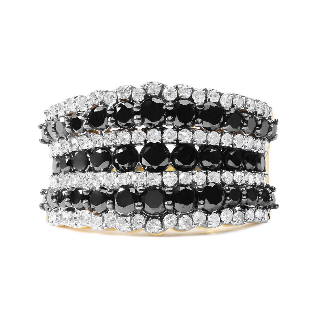 14K Yellow Gold Plated .925 Sterling Silver 1 3/4 Cttw Treated Black and White Alternating Diamond Multi Row Band Ring (Black / I-J Color, I2-I3 Clarity) - Size 7 by Bids.com