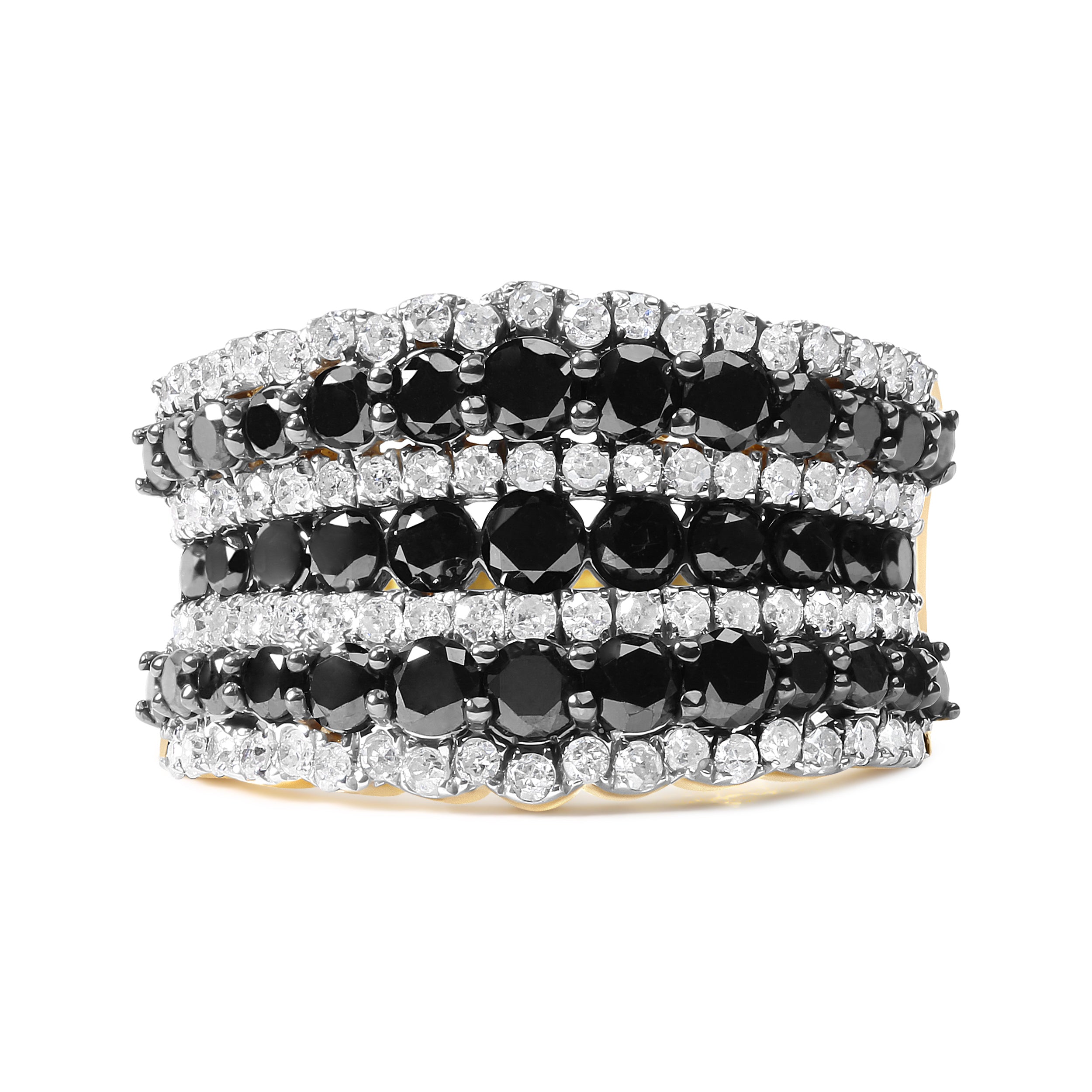 14K Yellow Gold Plated .925 Sterling Silver 1 3/4 Cttw Treated Black and White Alternating Diamond Multi Row Band Ring (Black / I-J Color, I2-I3 Clarity) - Size 7 by Bids.com