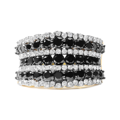 14K Yellow Gold Plated .925 Sterling Silver 1 3/4 Cttw Treated Black and White Alternating Diamond Multi Row Band Ring (Black / I-J Color, I2-I3 Clarity) - Size 7 by Bids.com