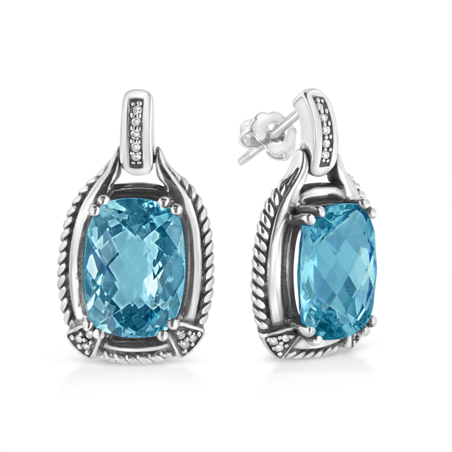 .925 Sterling Silver 14x10MM Cushion Cut Blue Topaz Gemstone and Diamond Accent Dangle Earring (I-J Color, I1-I2 Clarity) by Bids.com