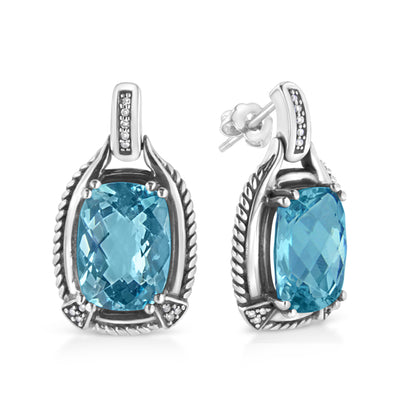 .925 Sterling Silver 14x10MM Cushion Cut Blue Topaz Gemstone and Diamond Accent Dangle Earring (I-J Color, I1-I2 Clarity) by Bids.com
