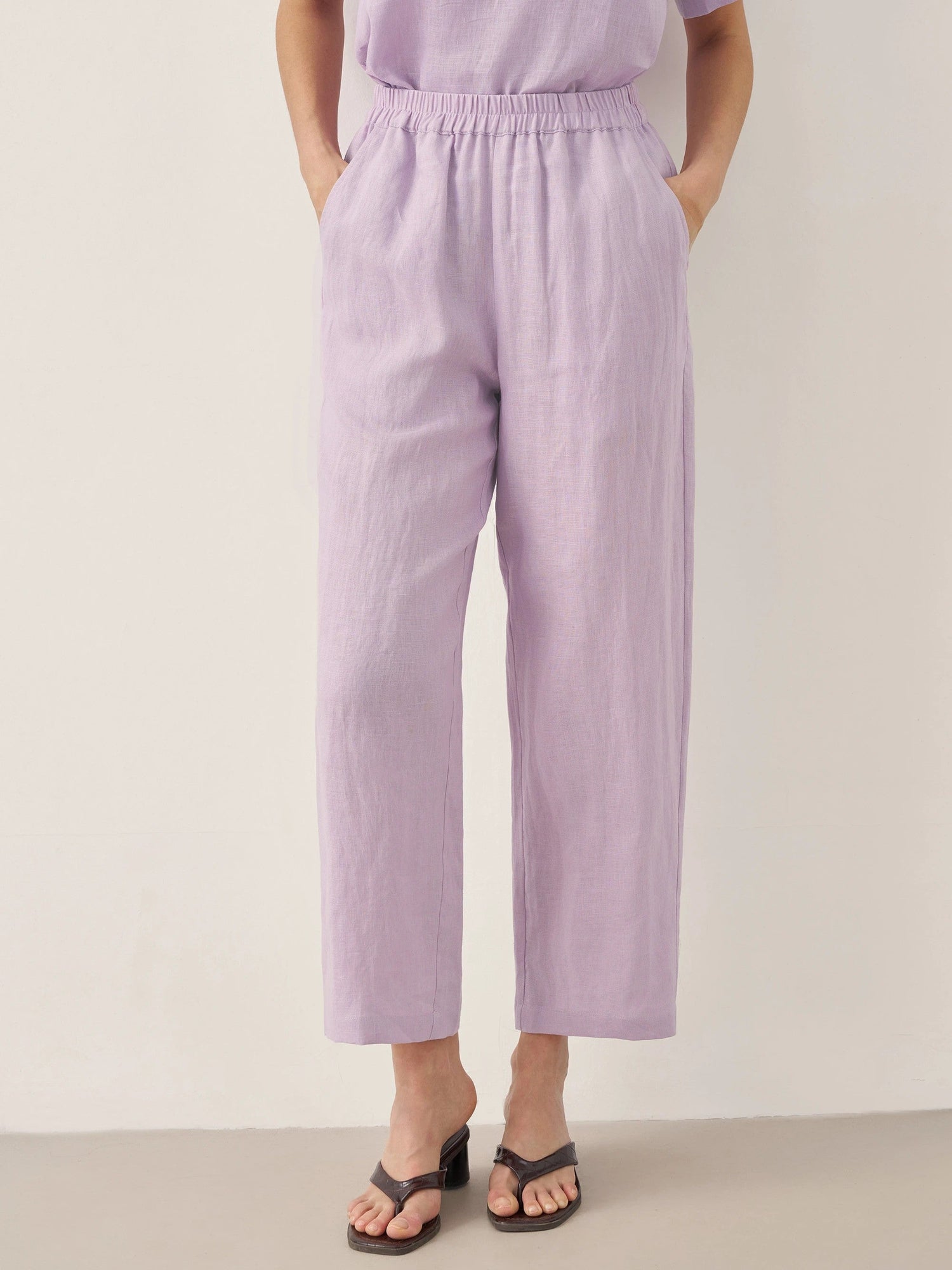 100% Linen Short-Sleeve Round Neck Button Detail Top &amp; Pants Set SASHA by LINTICO
