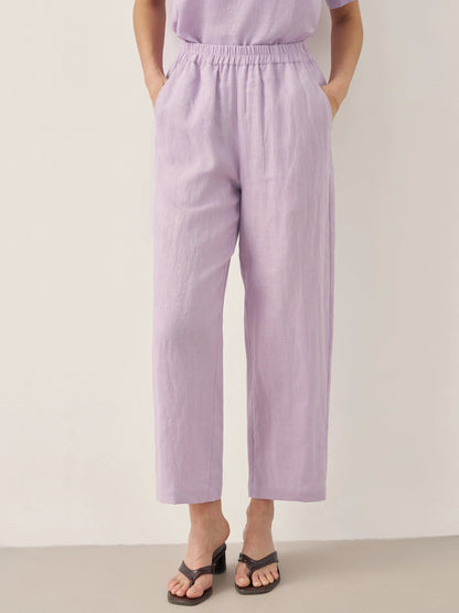100% Linen Short-Sleeve Round Neck Button Detail Top &amp; Pants Set SASHA by LINTICO