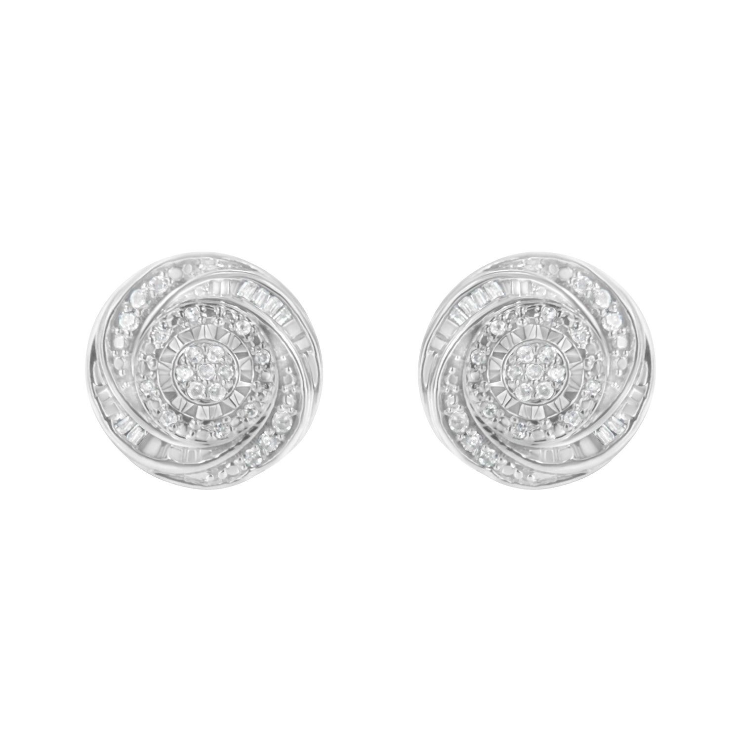 .925 Sterling Silver 1/4 Cttw Baguette and Round Diamond Swirl Love Knot Stud Earrings (I-J Color, I3 Clarity)  DestGlow