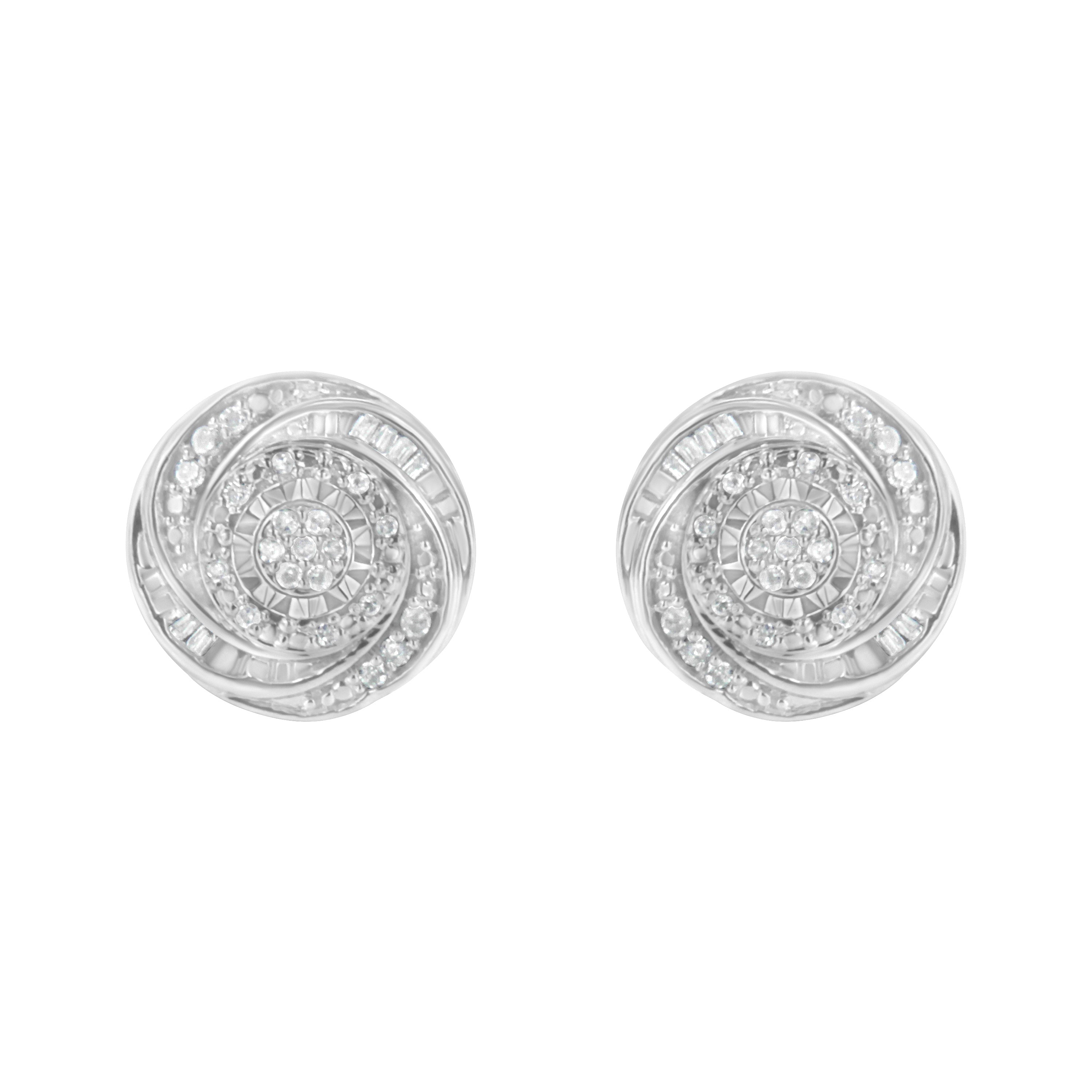 .925 Sterling Silver 1/4 Cttw Baguette and Round Diamond Swirl Love Knot Stud Earrings (I-J Color, I3 Clarity)  DestGlow