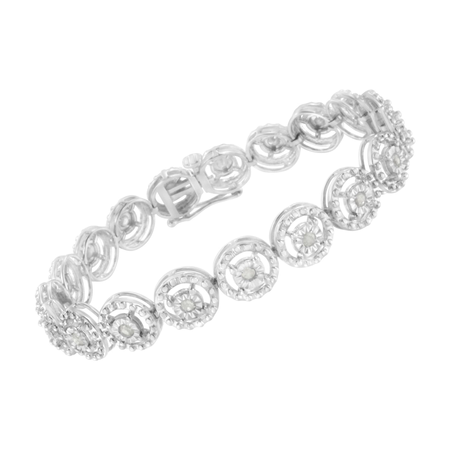 .925 Sterling Silver 1.0 Cttw Diamond Nested Circle Miracle Set Open Wheel 7" Fashion Link Bracelet (I-J Color, I3 Clarity) by Bids.com