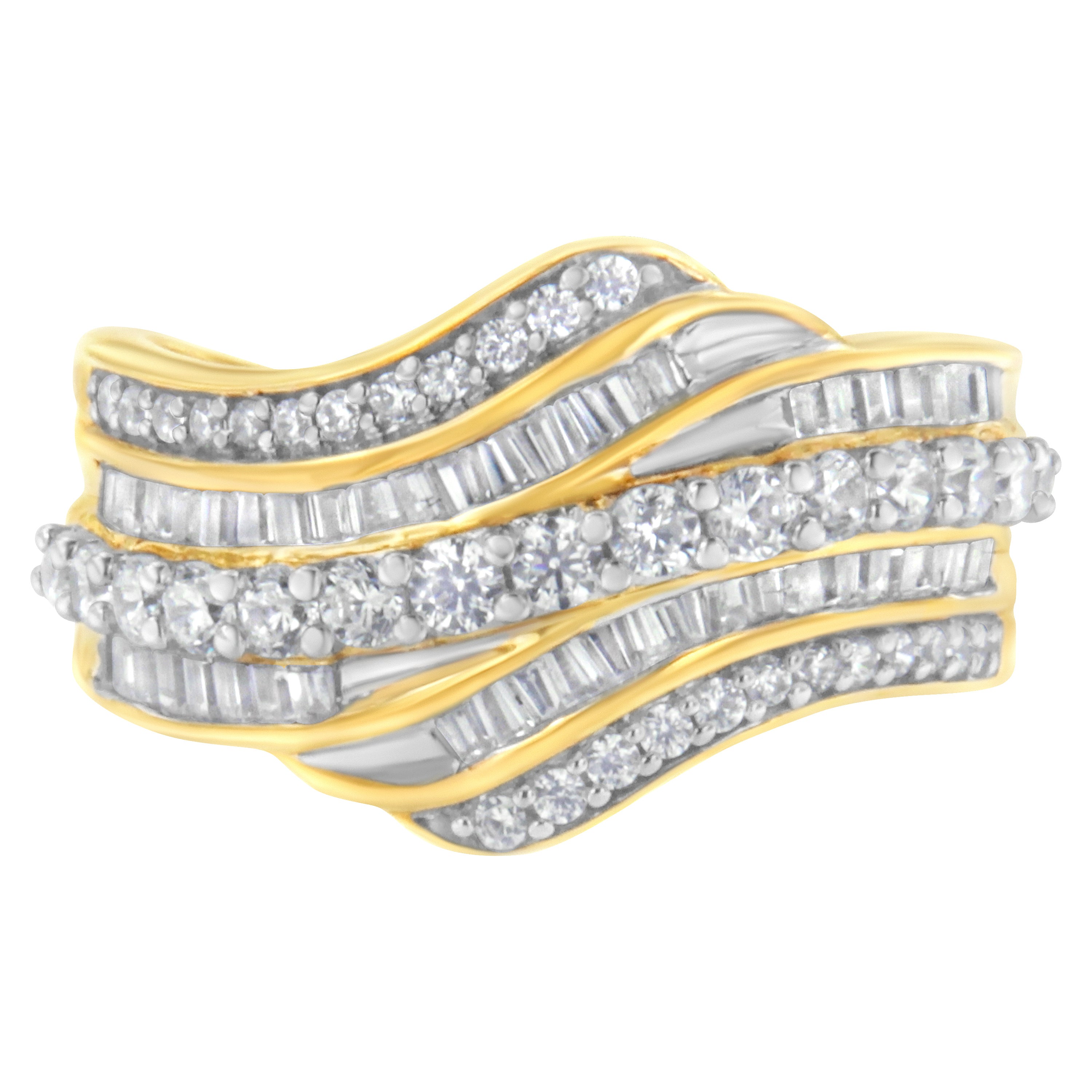 10K Yellow Gold 1.0 Cttw Baguette and Round Diamond Multi-Row Wave Bypass Ring (I-J Color, I1-I2 Clarity) - Ring Size 7 by Bids.com