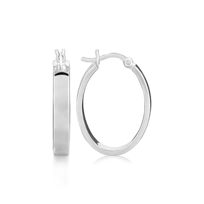 Sterling Silver Flat Style Oval Hoop Earrings with Rhodium Plating by Bids.com