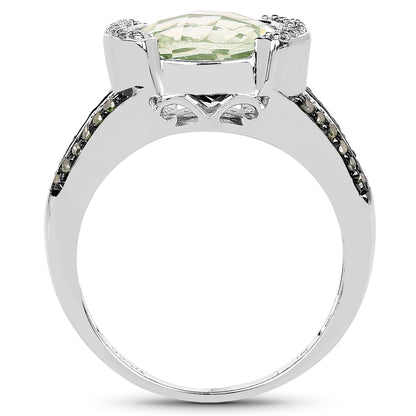 3.59 Carat Genuine Green Amethyst, Green Diamond &amp; White Diamond .925 Sterling Silver Ring by Bids.com