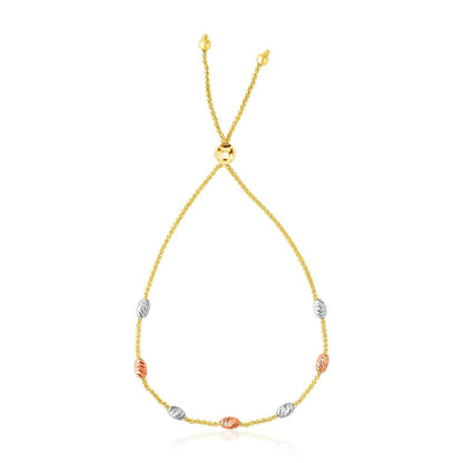 14k Tri-Color Gold Textured Oval Station Lariat Style Bracelet  DestGlow