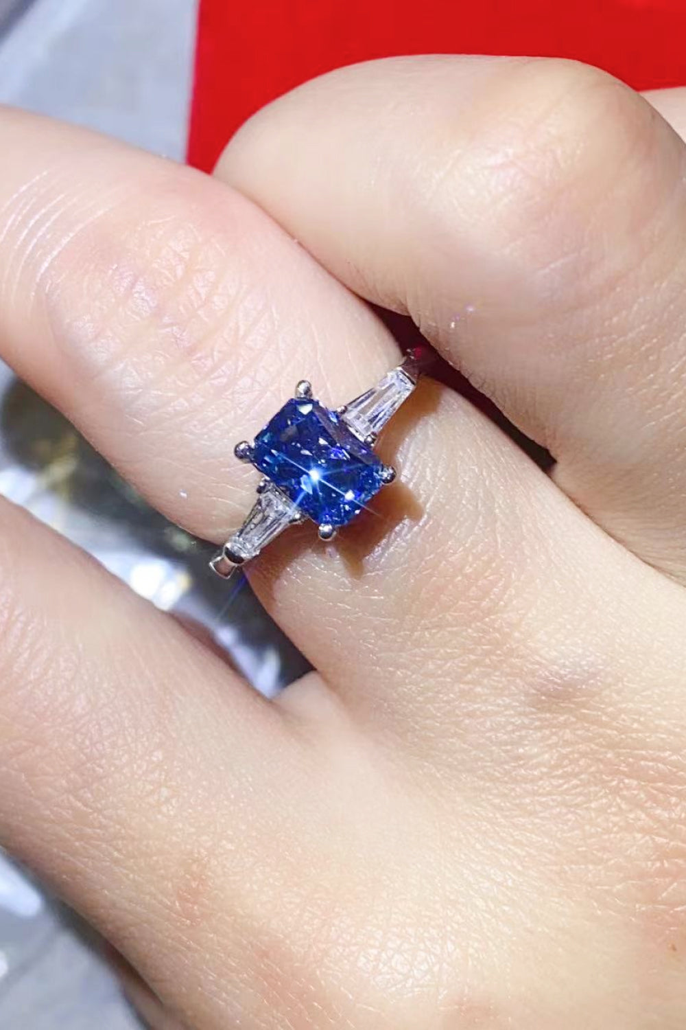 1 Carat Blue Radiant-Cut Sparkala™ Platinum-Plated Rectangle Ring in Blue by Sparkala