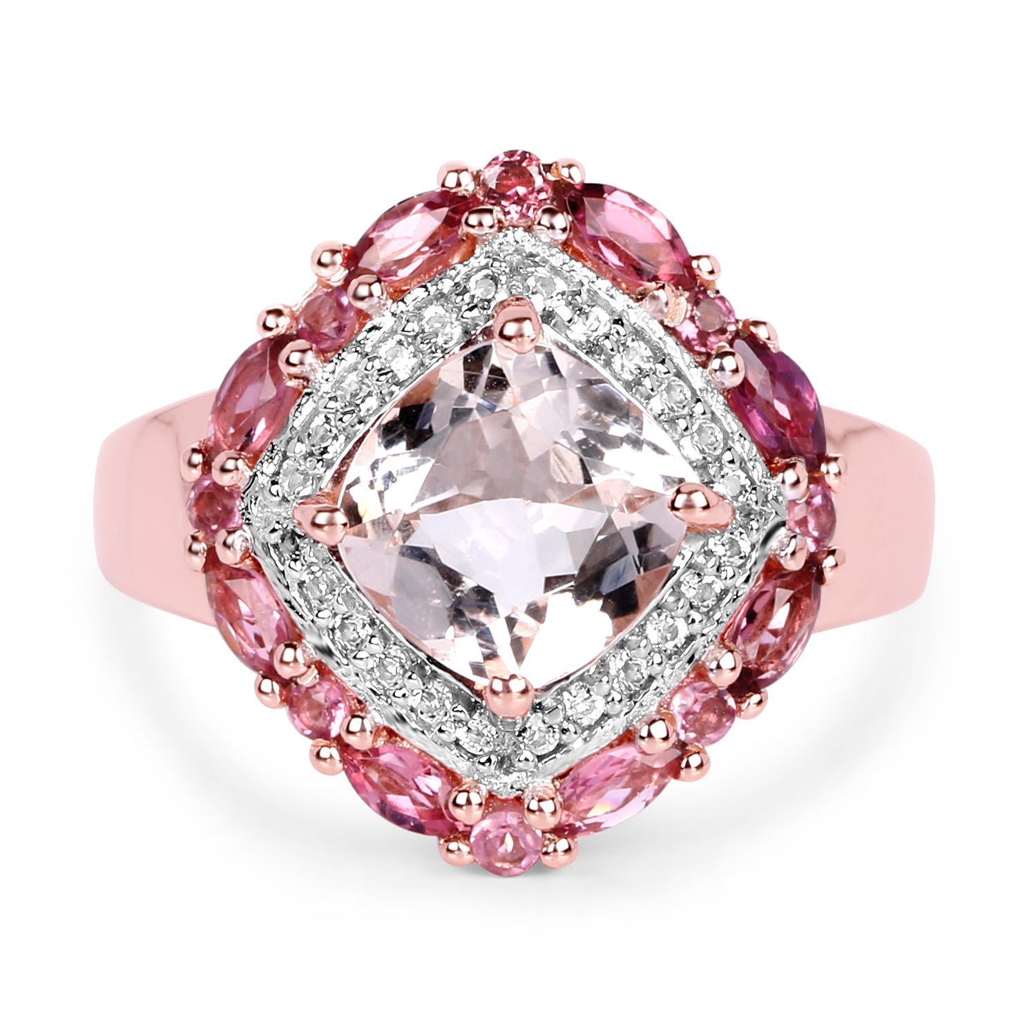 14K Rose Gold Plated 3.11 Carat Genuine Morganite, Pink Tourmaline &amp; White Topaz .925 Sterling Silver Ring by Bids.com
