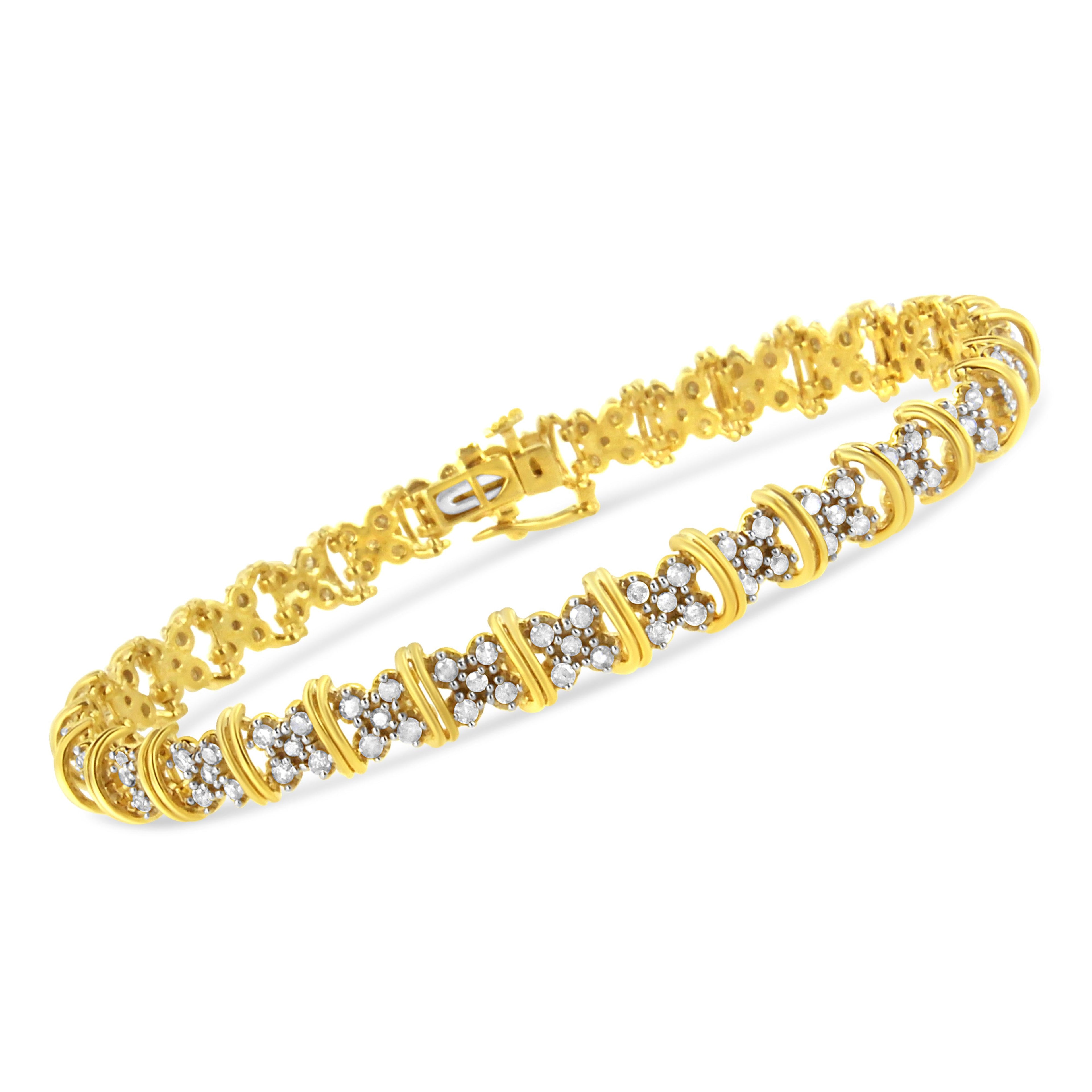 10K Yellow Gold Plated .925 Sterling Silver 2.0 Cttw Round Diamond Cluster "X" Shaped Link Bracelet (H-I Color, I3 Clarity) - 7" by Bids.com