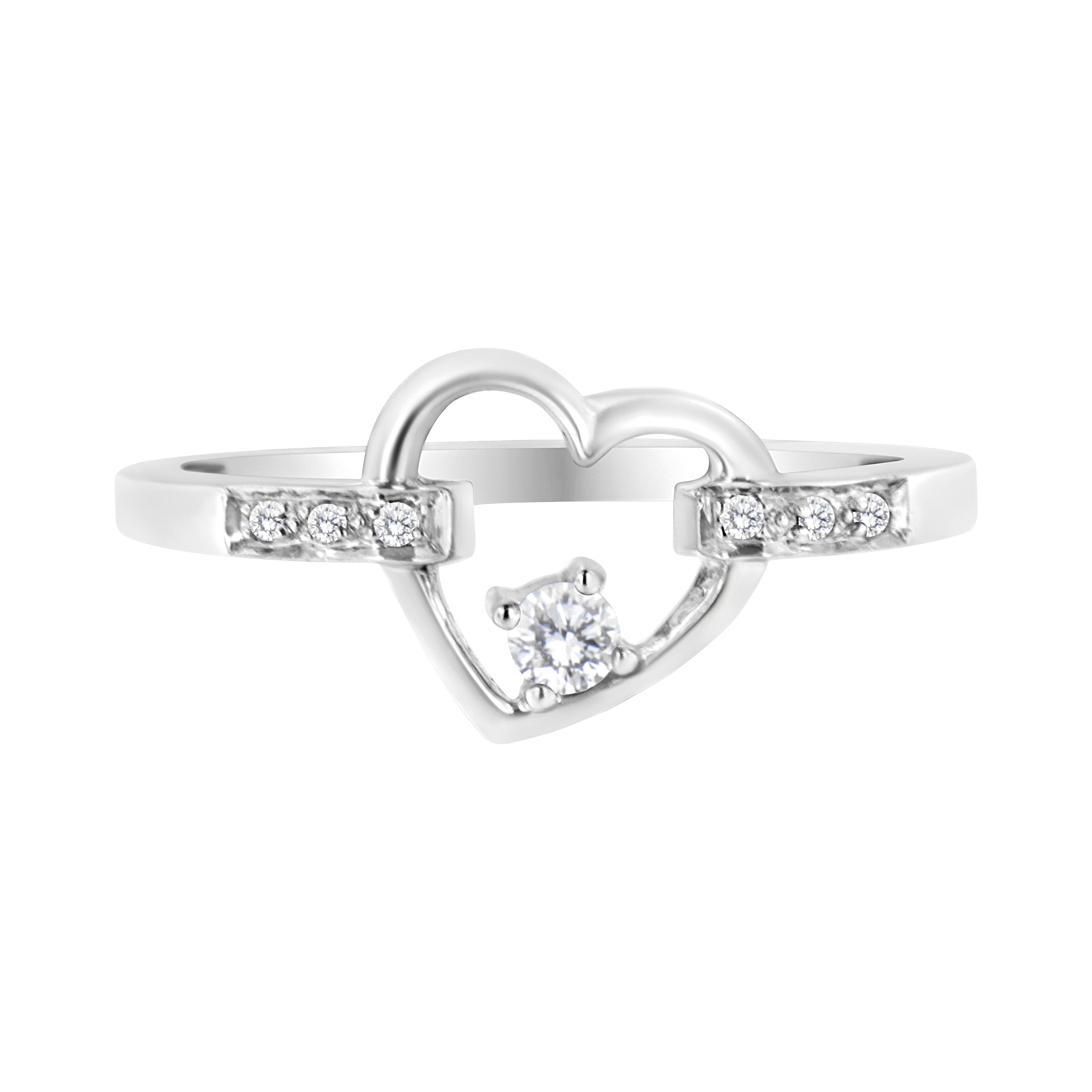 14K White Gold 1/8 Cttw Channel Set Round-Cut Diamond Heart Ring (H-I Color, SI2-I1 Clarity)  DestGlow