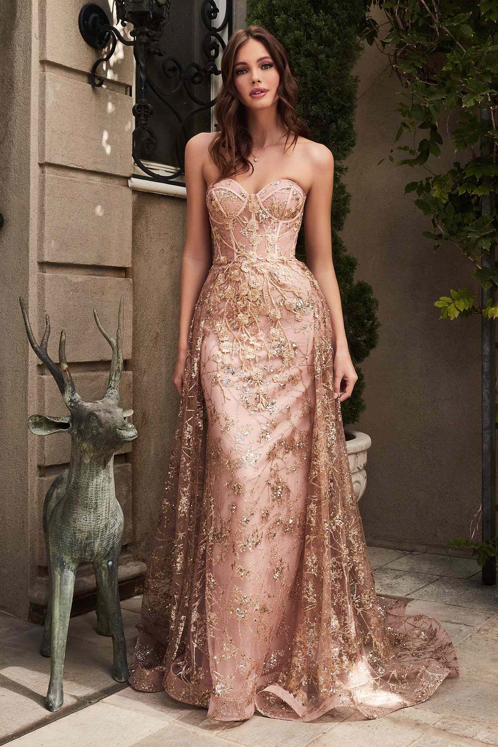 Ladivine CB046 Strapless Fitted Gown Floral Applique And Glitter Tulle Overskirt by DiscountDressShop