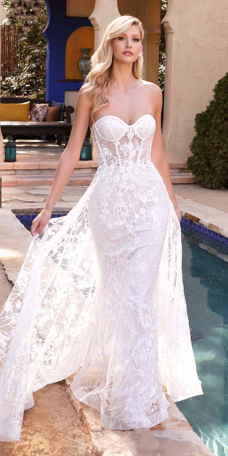 Cinderella Divine CB046W Strapless Gown Floral Applique Glitter Tulle Overskirt by DiscountDressShop