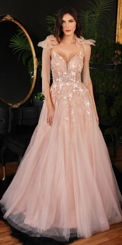 Ladivine CB097 Long A-Line Tulle Gown with Floral Detail by DiscountDressShop