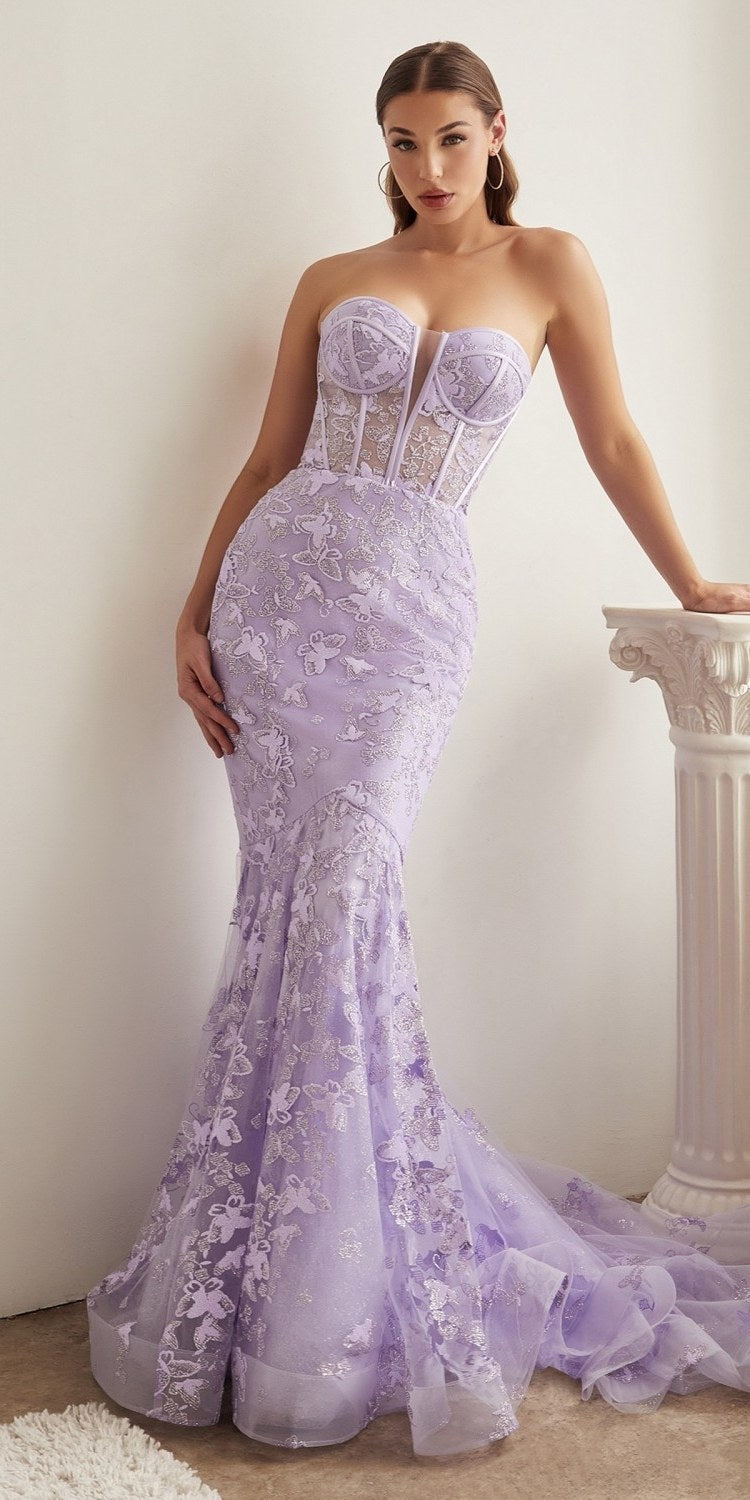 Ladivine CB099 Long Strapless Butterfly Print Mermaid Gown by DiscountDressShop
