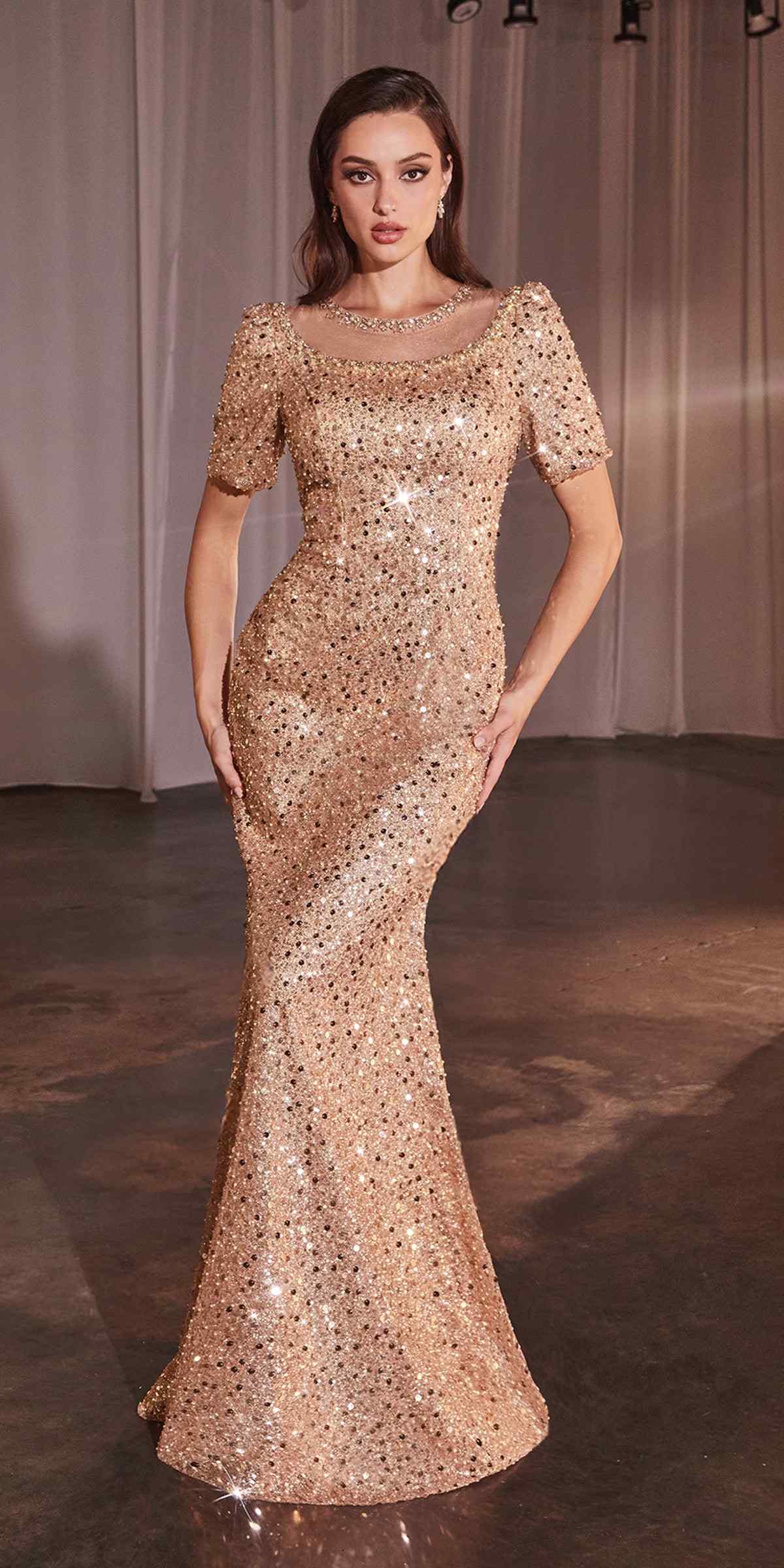 Ladivine CB151 Long Cap Sleeve Fitted Sequin Gown by DiscountDressShop