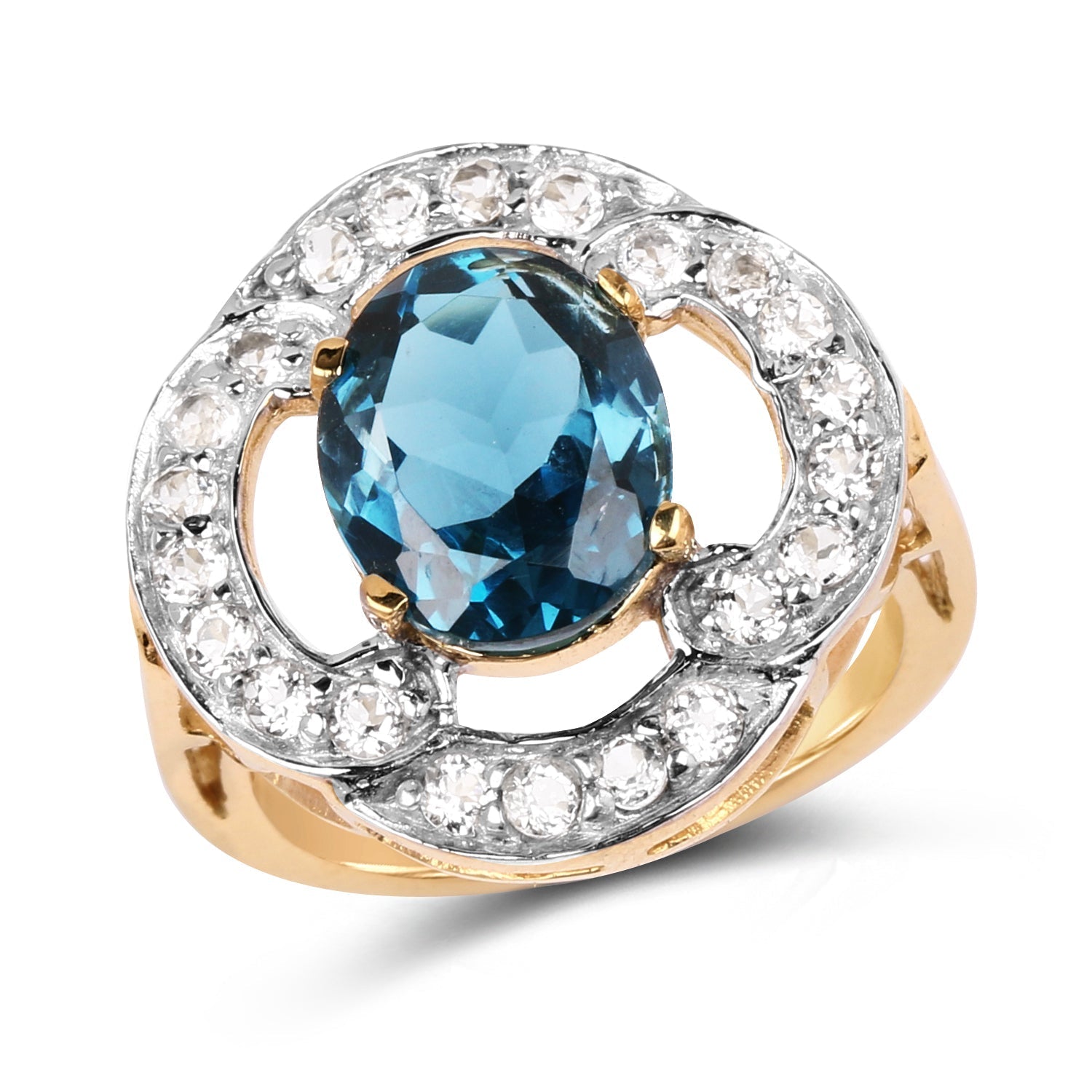 14K Yellow Gold Plated 5.13 Carat Genuine London Blue Topaz &amp; White Topaz .925 Sterling Silver Ring  DestGlow