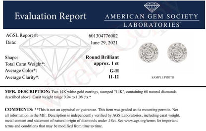 AGS Certified 14K White Gold 1.0 Cttw Brilliant-Cut Diamond Halo-Style Cluster Round Button Stud Earrings (G-H Color, I1-I2 Clarity) by Bids.com