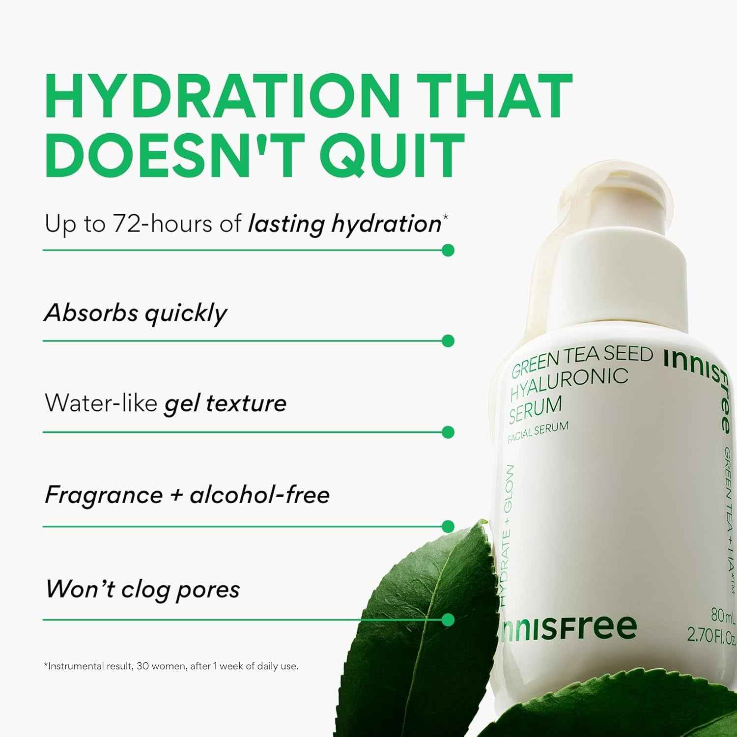 Innisfree Green Tea Seed Hyaluronic Serum with Panthenol and Niacinamide, Korean Face Serum for Hydration and Glow