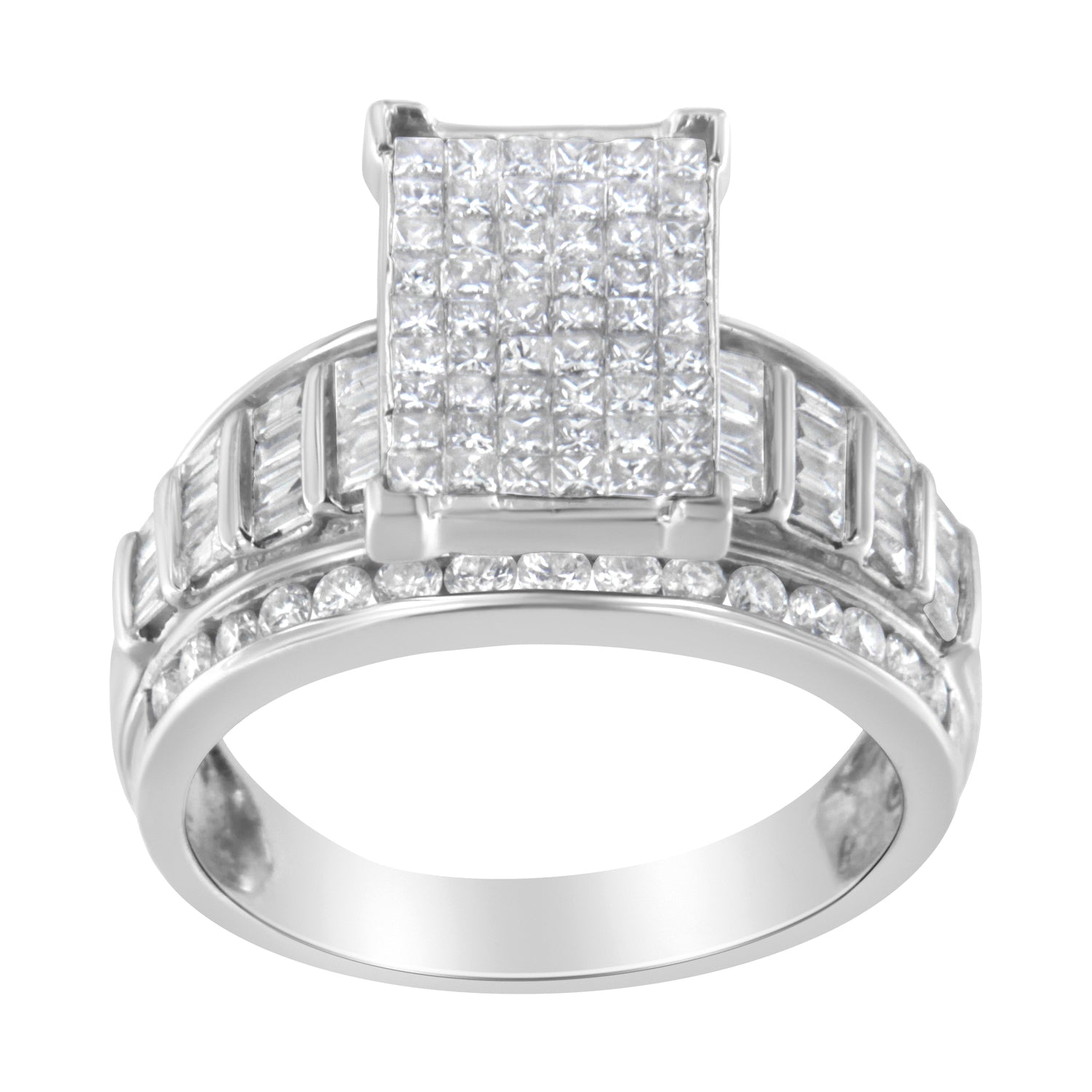 14K White Gold 2.0 Cttw Mixed-Cut Diamond Rectangle Invisible-Set Composite Cluster Ring with Bar- and Channel-Set Band (H-I Color, SI2-I1 Clarity) - Size 5 by Bids.com