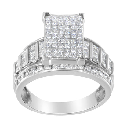 14K White Gold 2.0 Cttw Mixed-Cut Diamond Rectangle Invisible-Set Composite Cluster Ring with Bar- and Channel-Set Band (H-I Color, SI2-I1 Clarity) - Size 5 by Bids.com