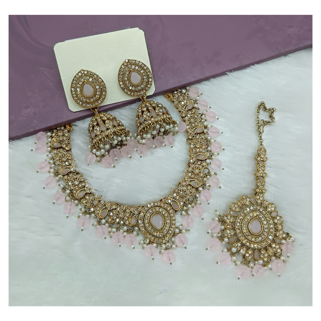 Joban Fashion Light Pink Stone Work Necklace Set