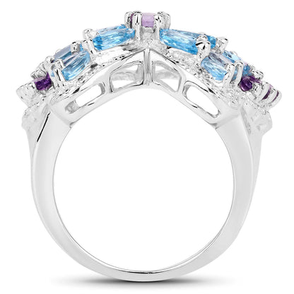 3.56 Carat Genuine Swiss Blue Topaz and Amethyst .925 Sterling Silver Ring  DestGlow