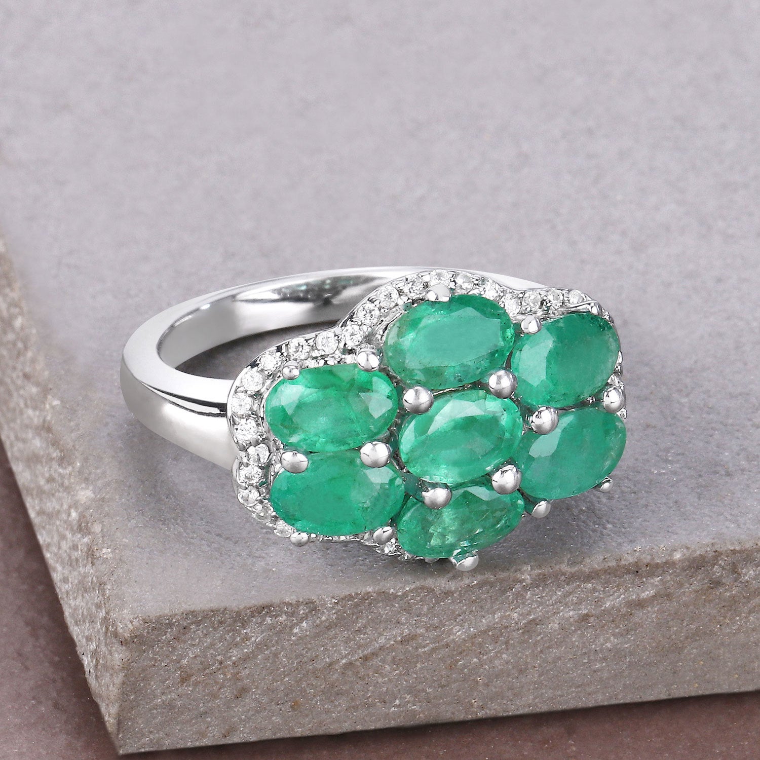 3.33 Carat Genuine Zambian Emerald and White Zircon .925 Sterling Silver Ring by Bids.com
