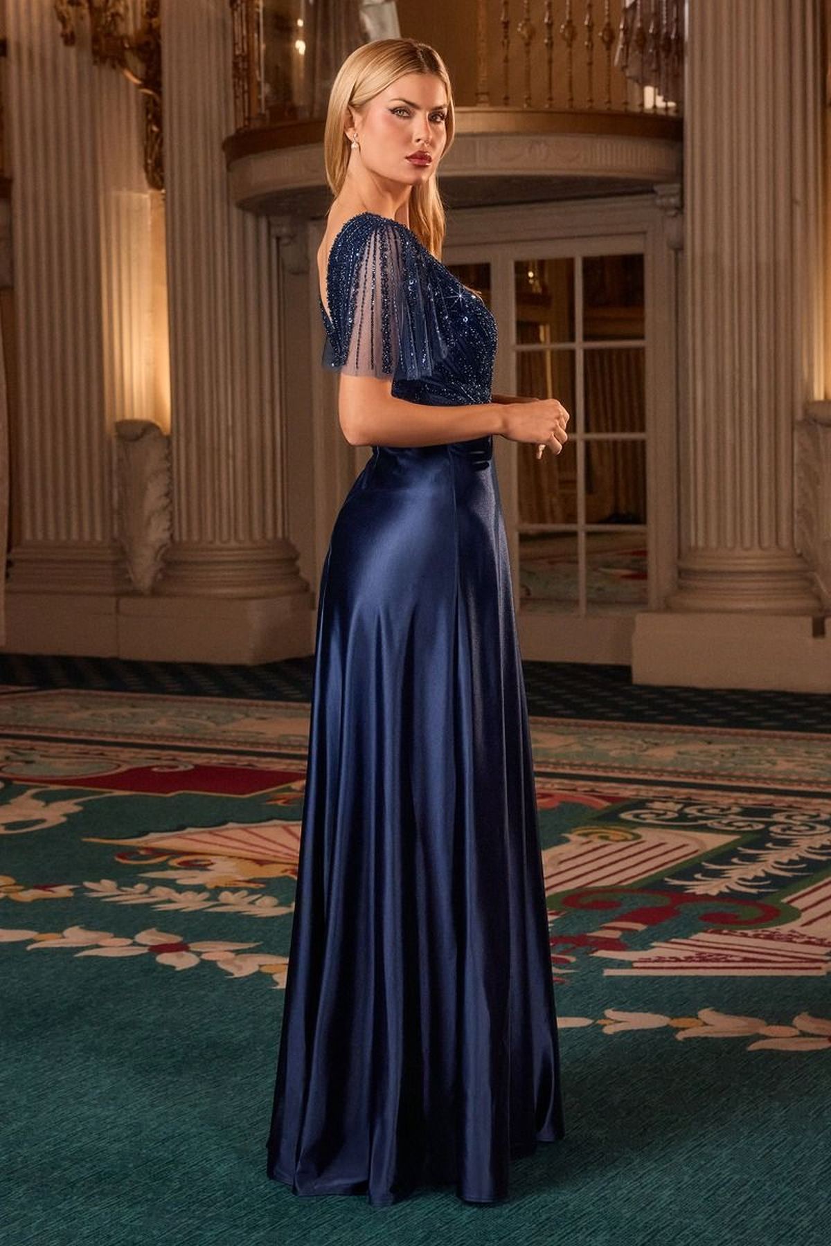 Ladivine CC447 Flutter Sleeves V-Neckline A-Line Satin Evening Gown by DiscountDressShop