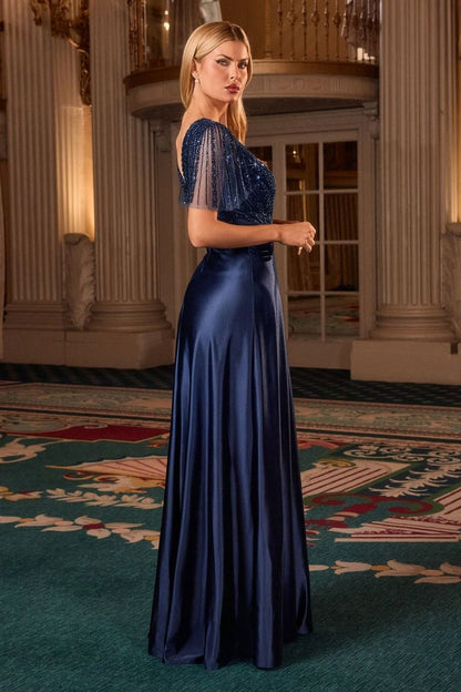Ladivine CC447 Flutter Sleeves V-Neckline A-Line Satin Evening Gown by DiscountDressShop