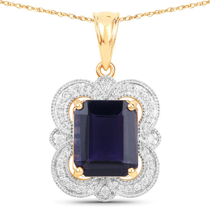 4.07 Carat Genuine Iolite and White Diamond 14K Yellow Gold Pendant by Bids.com