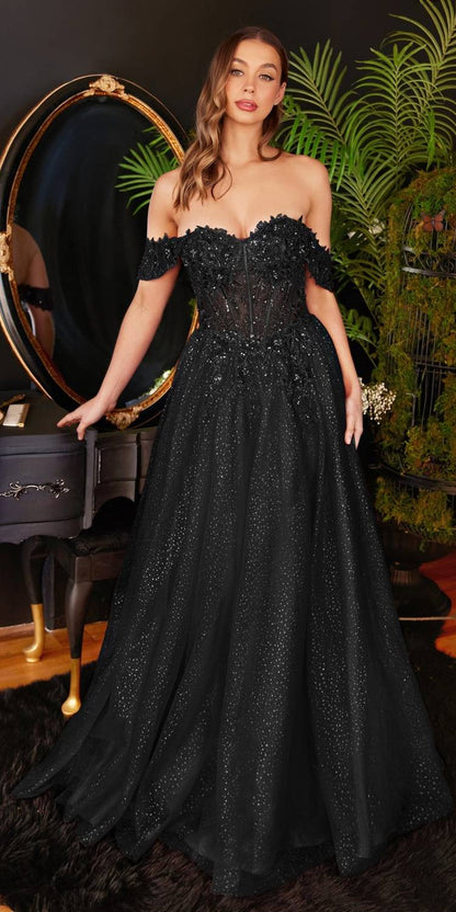 Cinderella Divine CD0198 Long Lace A-Line Gown with Off the Shoulder Sleeves by DiscountDressShop