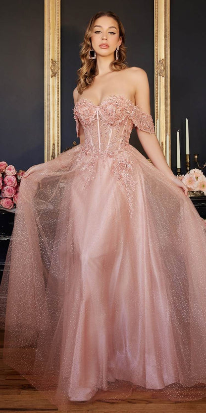 Cinderella Divine CD0198 Long Lace A-Line Gown with Off the Shoulder Sleeves by DiscountDressShop