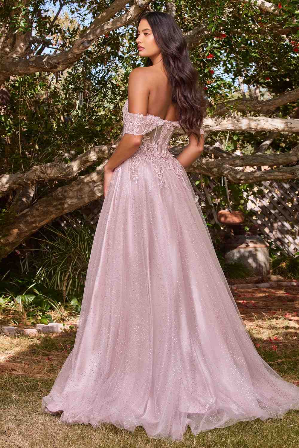 Cinderella Divine CD0198 Long Lace A-Line Gown with Off the Shoulder Sleeves by DiscountDressShop