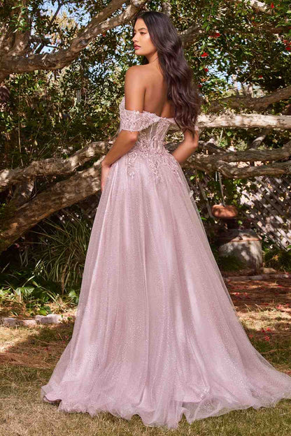 Cinderella Divine CD0198 Long Lace A-Line Gown with Off the Shoulder Sleeves by DiscountDressShop