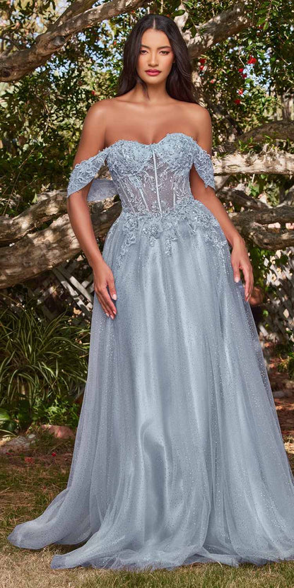 Cinderella Divine CD0198 Long Lace A-Line Gown with Off the Shoulder Sleeves by DiscountDressShop
